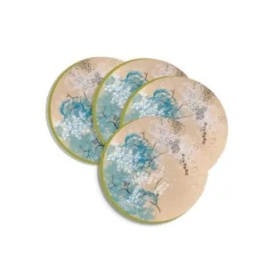 Sakura Fubuki © Quek Kiat Sing on Lacquer Coaster set of 4 (10cm diameter / gold edge) with black lacquer holder